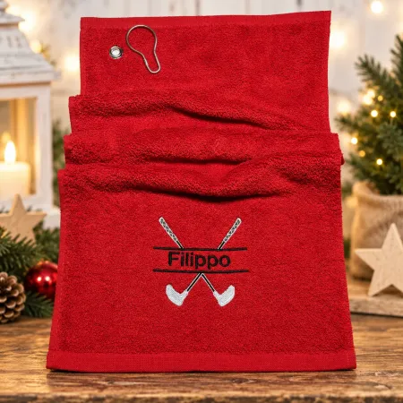 Rotes Golfhandtuch mit Name Filippo und Golfmotiv bestickt